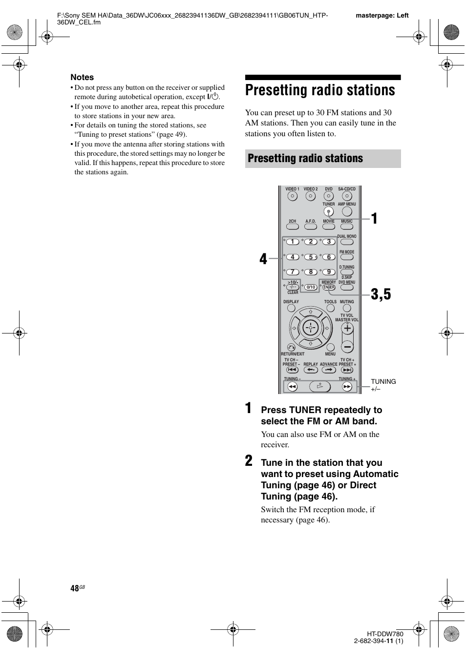 Presetting radio stations, Press tuner repeatedly to select the fm or am band, You can also use fm or am on the receiver | Sony Model HTP-36DW User Manual | Page 48 / 64