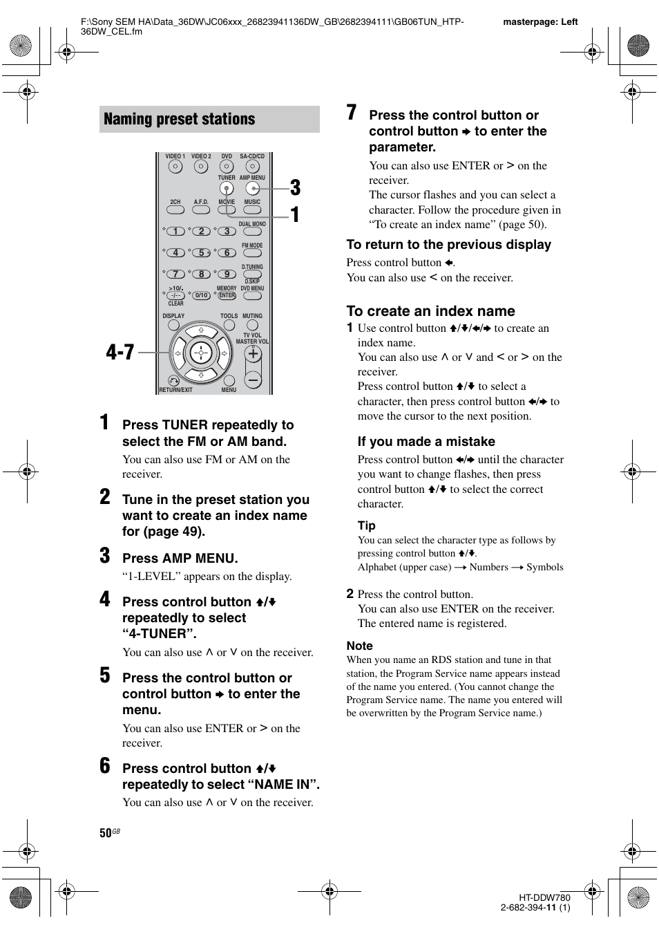 Naming preset stations | Sony Model HTP-36DW User Manual | Page 50 / 64