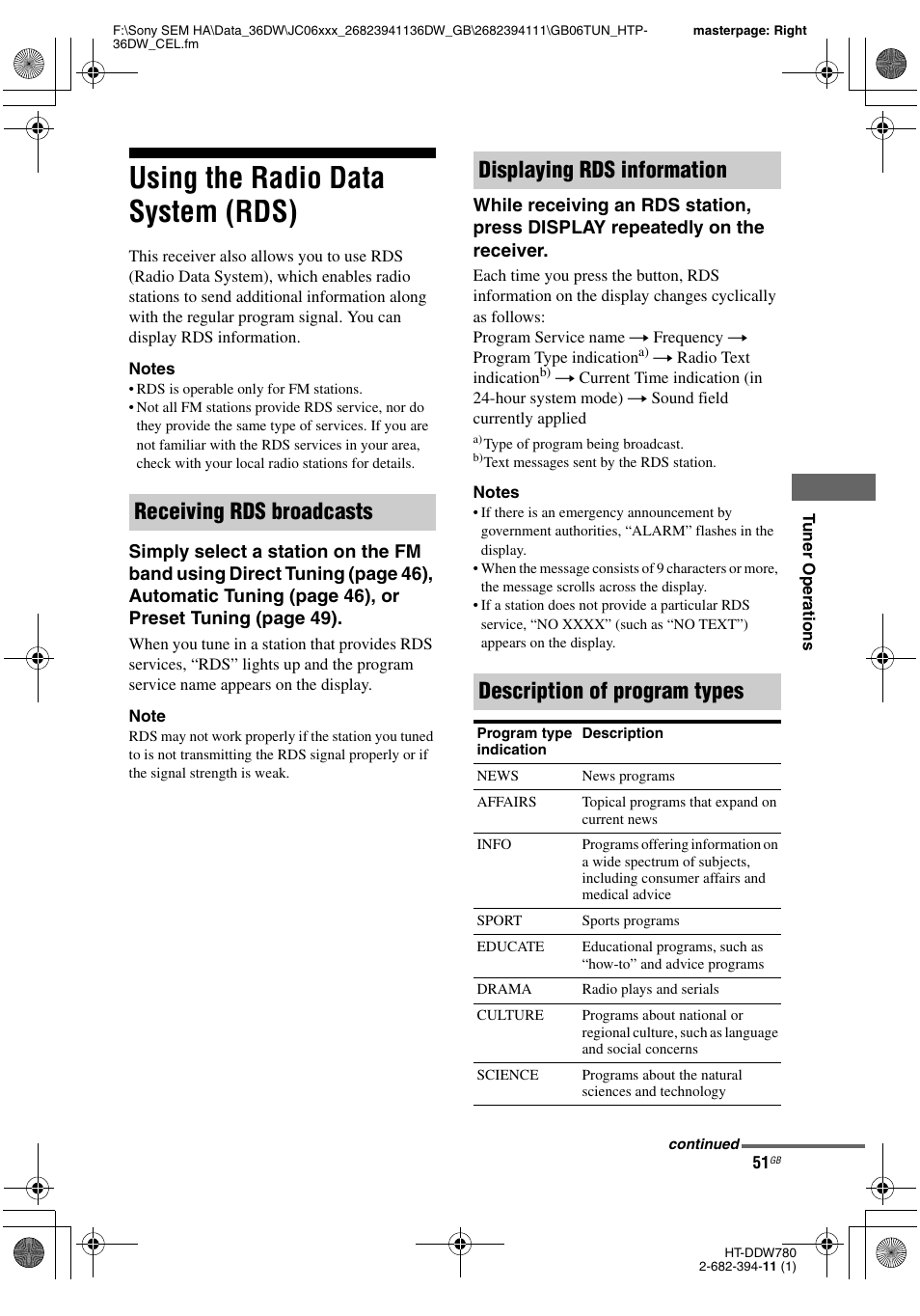 Using the radio data system (rds) | Sony Model HTP-36DW User Manual | Page 51 / 64