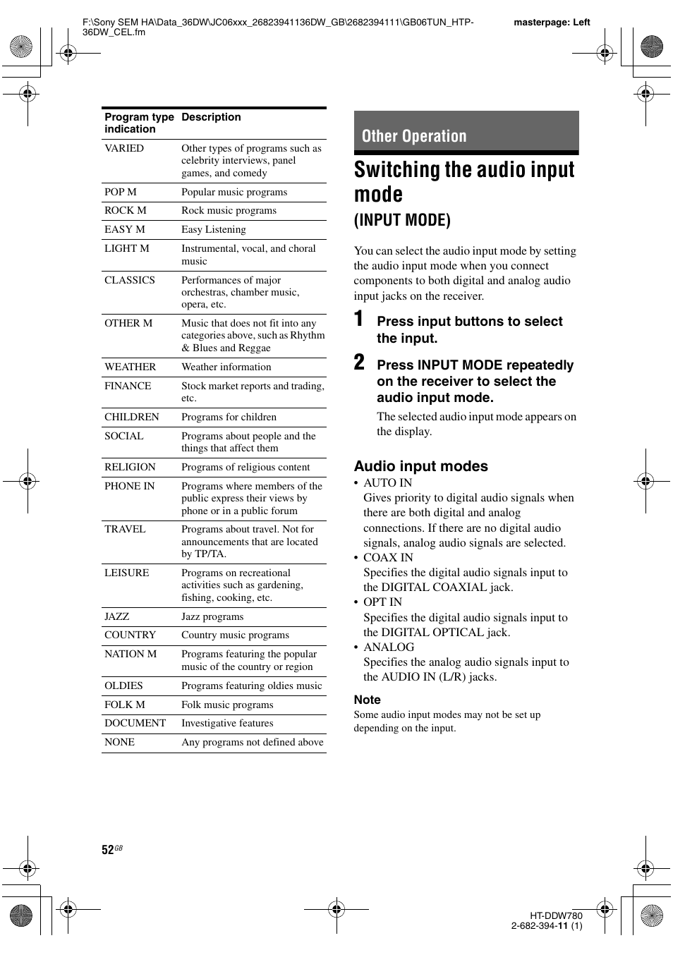 Other operation, Switching the audio input mode (input mode), Switching the audio input mode | Input mode), Audio input modes | Sony Model HTP-36DW User Manual | Page 52 / 64
