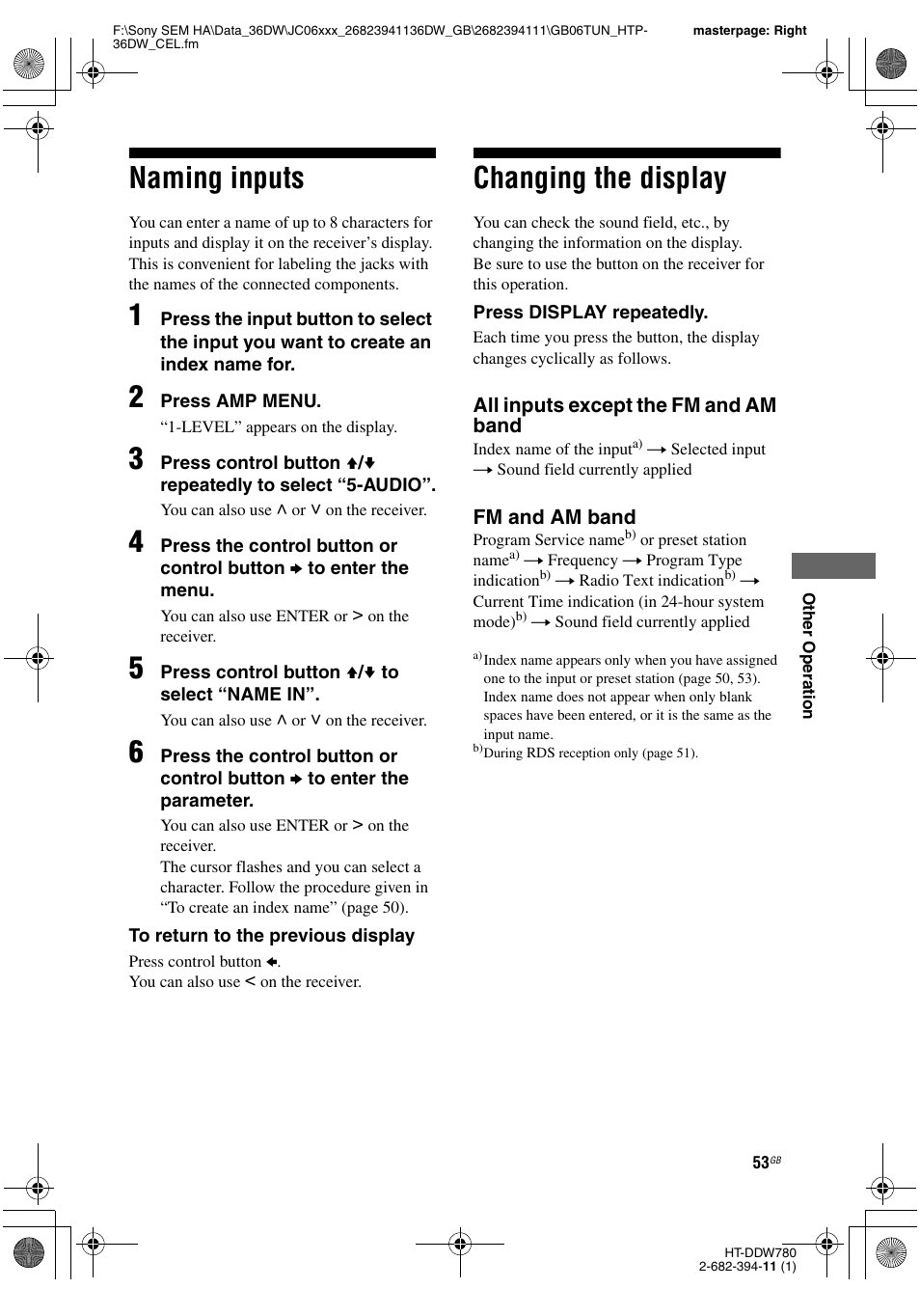 Naming inputs, Changing the display, Naming inputs changing the display | Sony Model HTP-36DW User Manual | Page 53 / 64