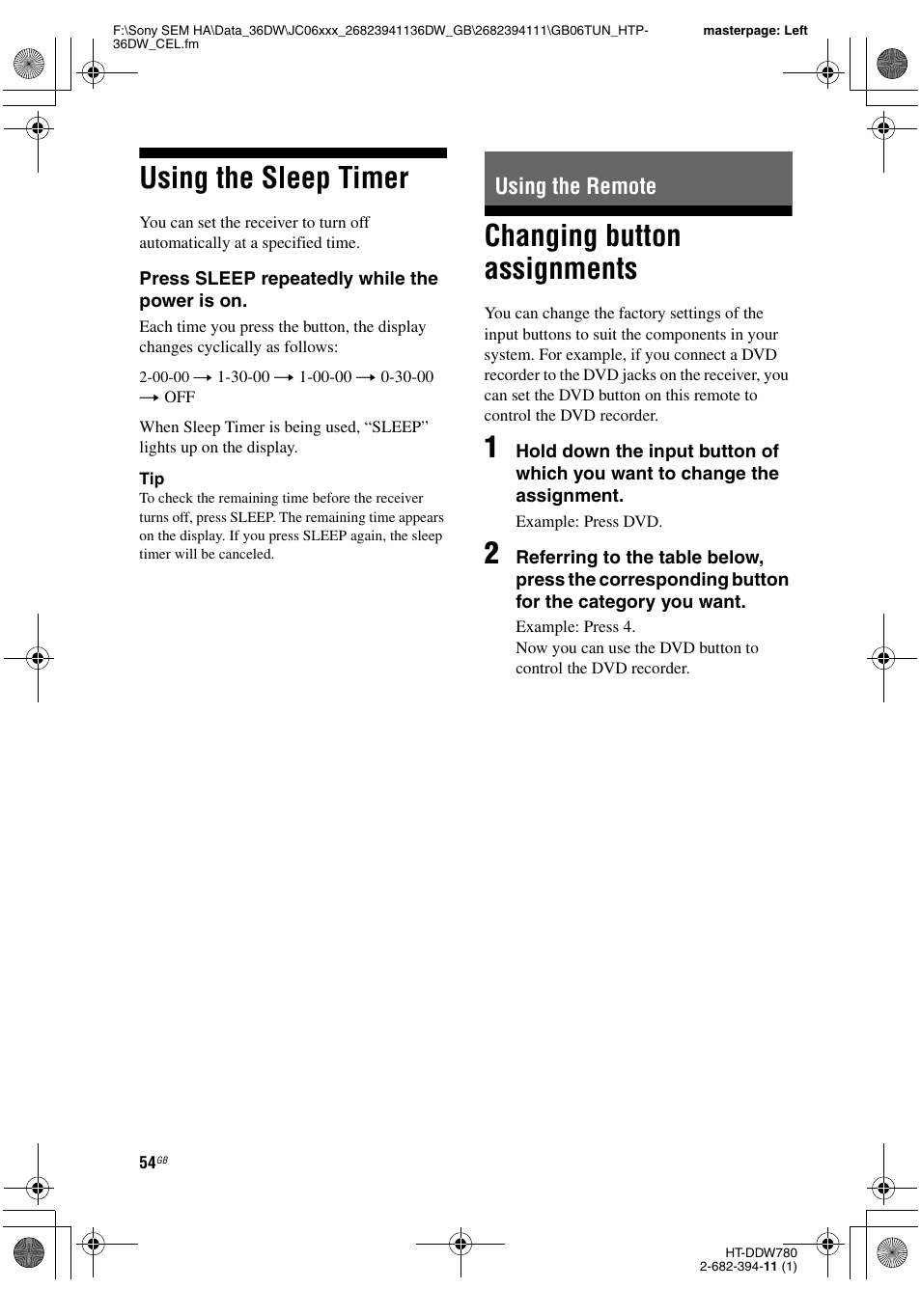 Using the sleep timer, Using the remote, Changing button assignments | Sony Model HTP-36DW User Manual | Page 54 / 64