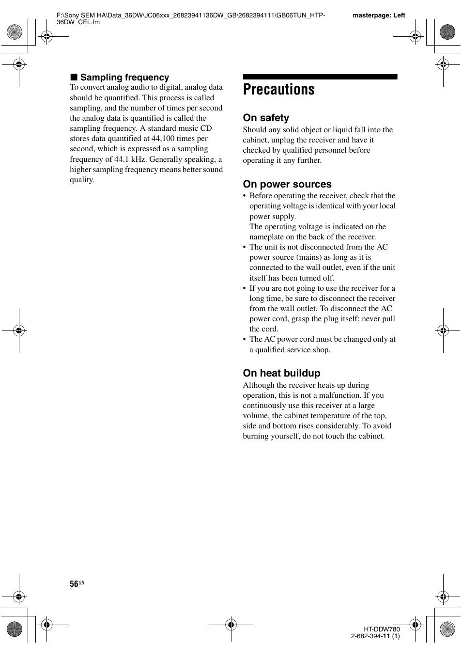 Precautions, On safety, On power sources | On heat buildup | Sony Model HTP-36DW User Manual | Page 56 / 64