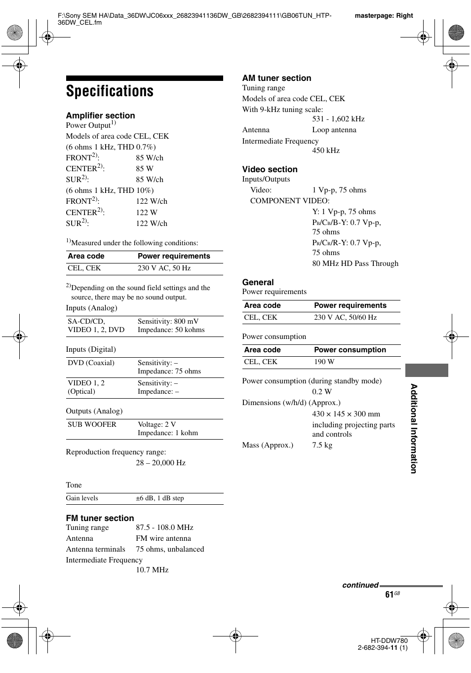 Specifications | Sony Model HTP-36DW User Manual | Page 61 / 64