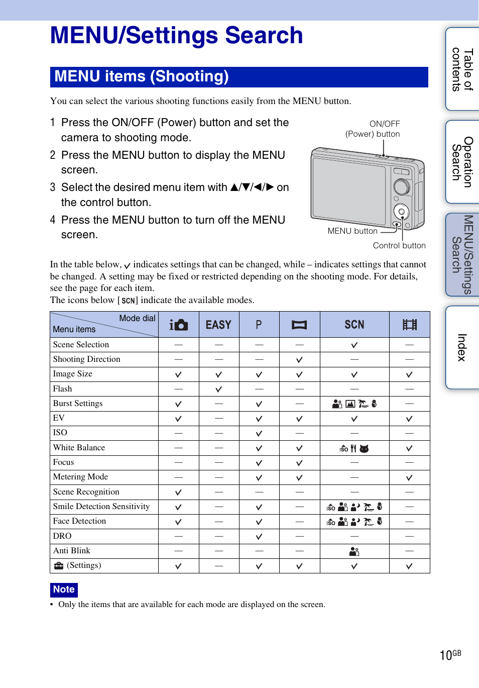 Menu/settings search, Se ar, Ttin | Menu items (shooting) | Sony Cyber-shot 4-176-667-12(1) User Manual | Page 10 / 128