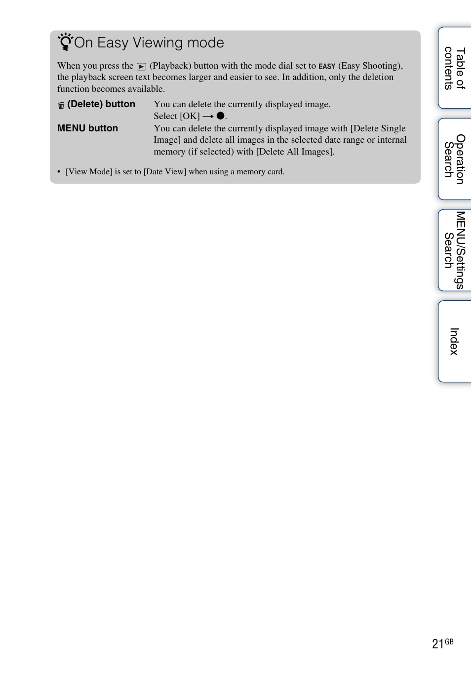 On easy viewing mode | Sony Cyber-shot 4-176-667-12(1) User Manual | Page 21 / 128