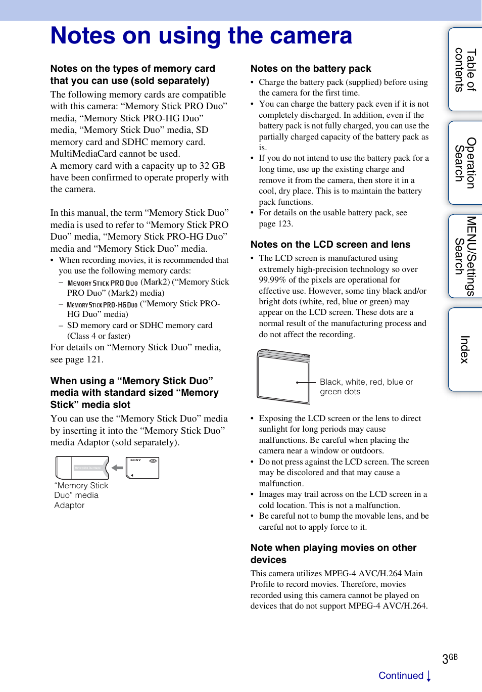 Notes on using the camera | Sony Cyber-shot 4-176-667-12(1) User Manual | Page 3 / 128