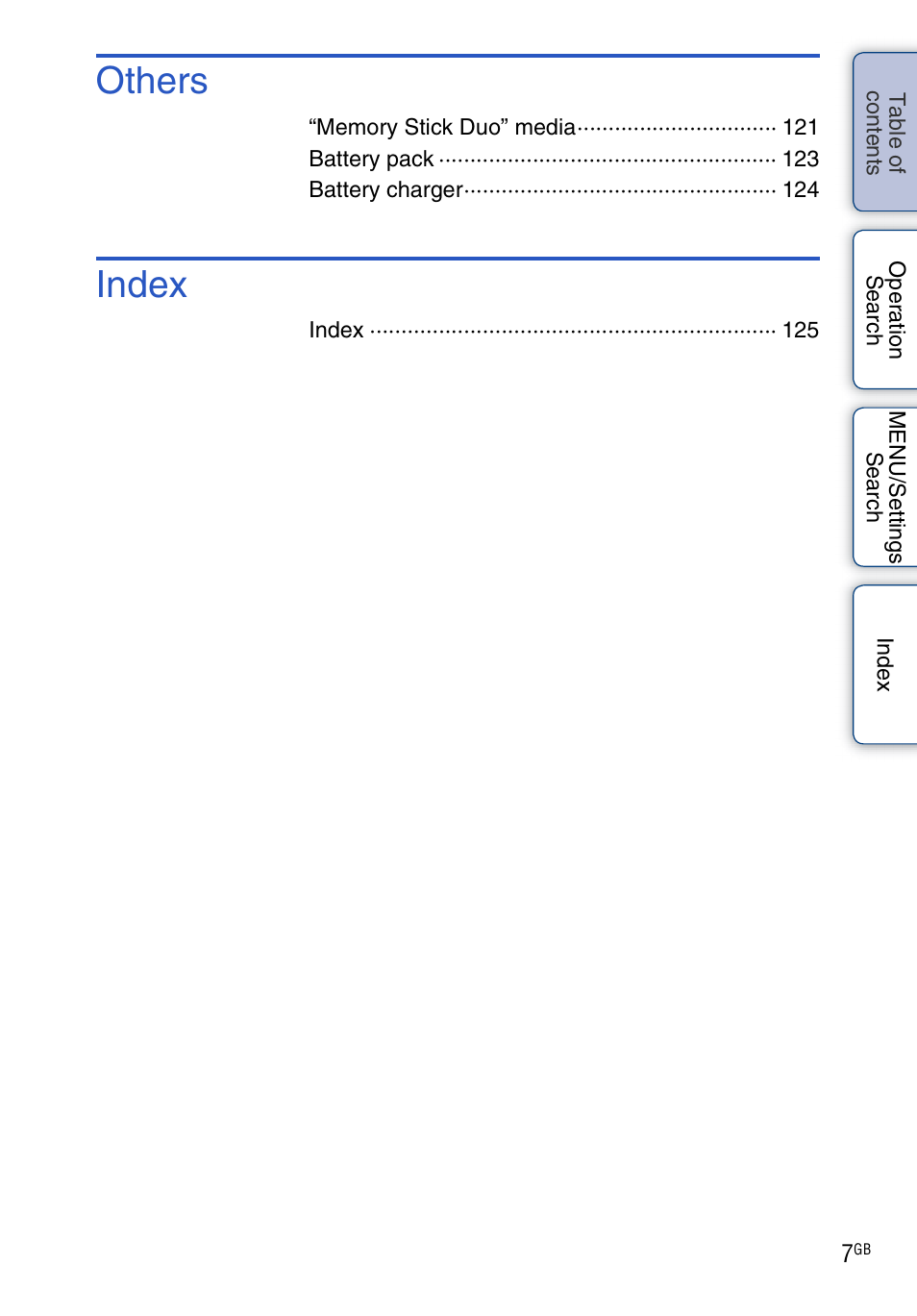 Others, Index | Sony Cyber-shot 4-176-667-12(1) User Manual | Page 7 / 128