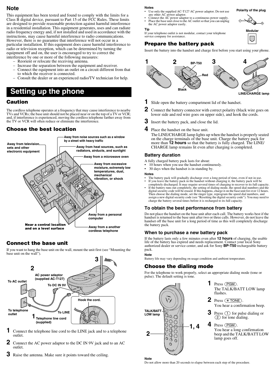 Setting up the phone, Caution, Choose the best location | Connect the base unit, Prepare the battery pack, Choose the dialing mode | Sony SPP-N1004 User Manual | Page 2 / 6
