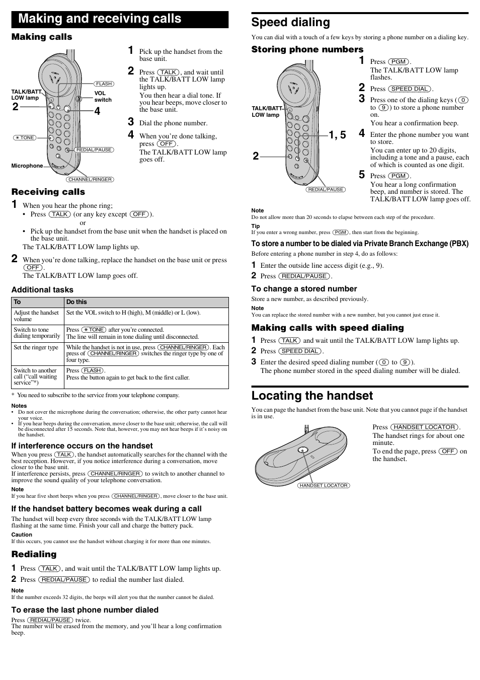 Making and receiving calls, Making calls, Receiving calls | Redialing, Speed dialing, Storing phone numbers, Making calls with speed dialing, Locating the handset | Sony SPP-N1004 User Manual | Page 3 / 6