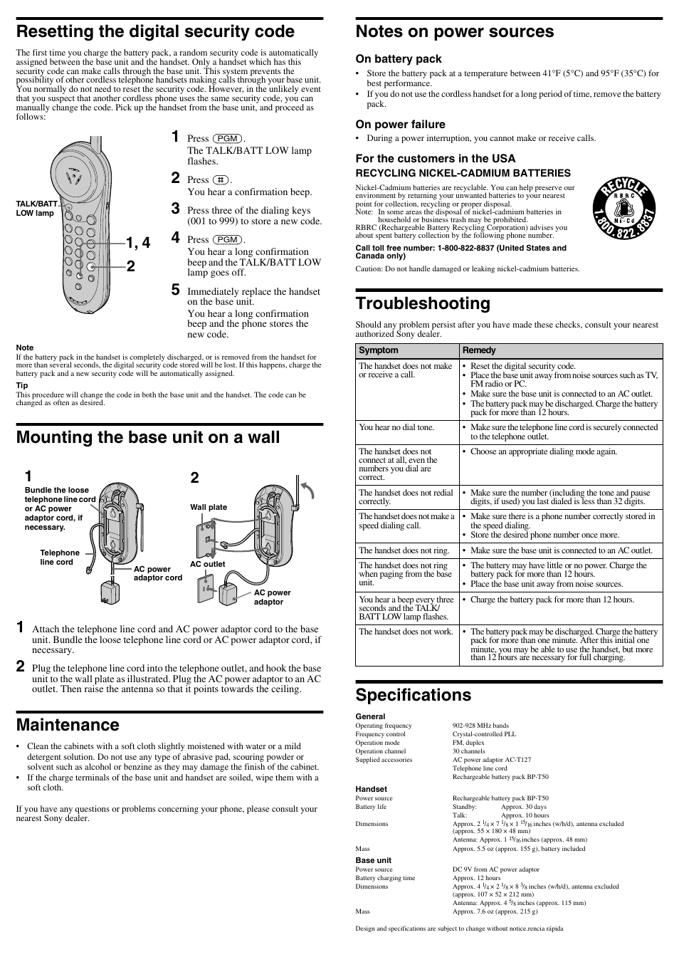 Resetting the digital security code, Mounting the base unit on a wall, Maintenance | Notes on power sources, Troubleshooting, Specifications | Sony SPP-N1004 User Manual | Page 4 / 6