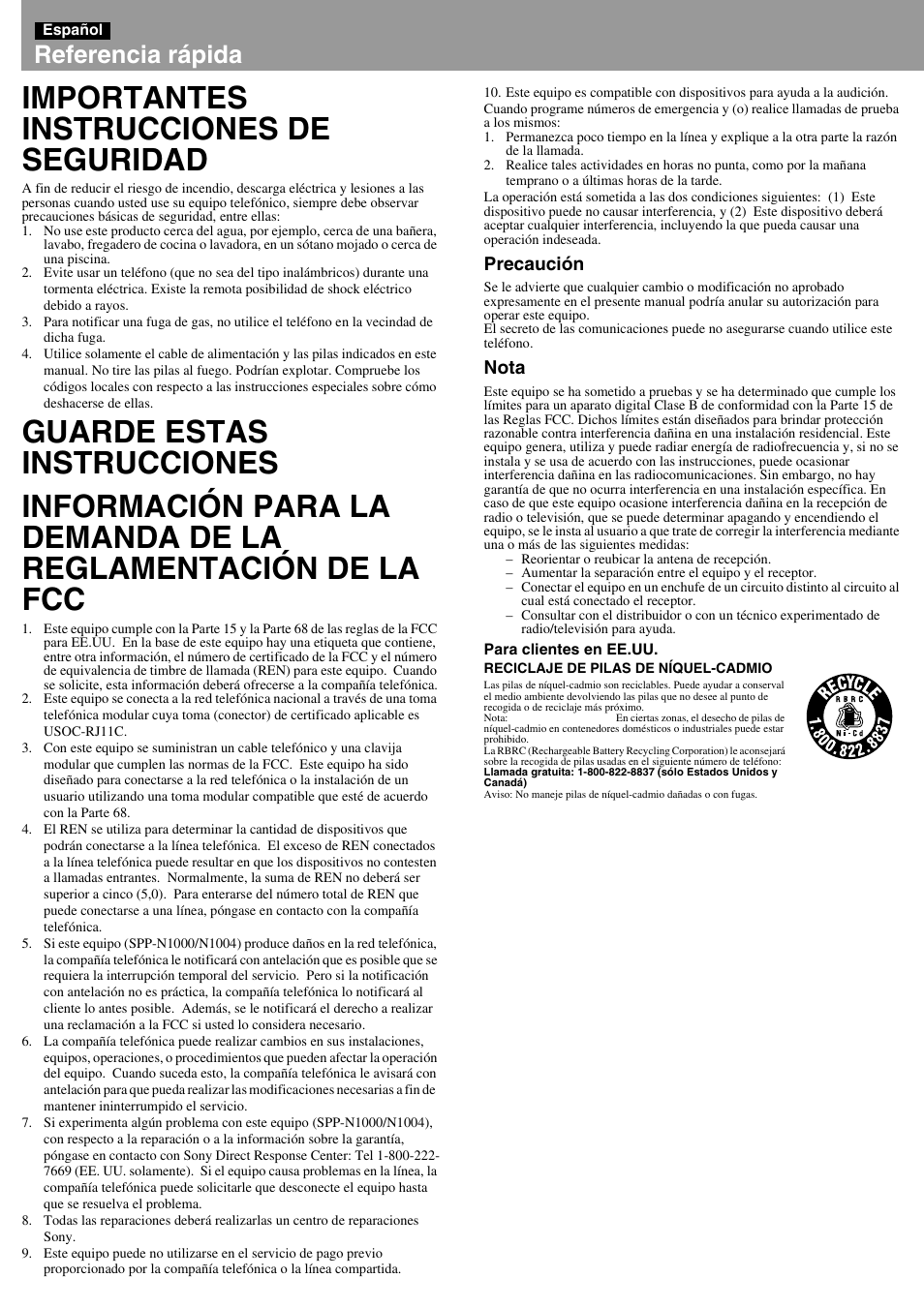 Referencia rápida, Importantes instrucciones de seguridad, Precaución | Nota | Sony SPP-N1004 User Manual | Page 5 / 6