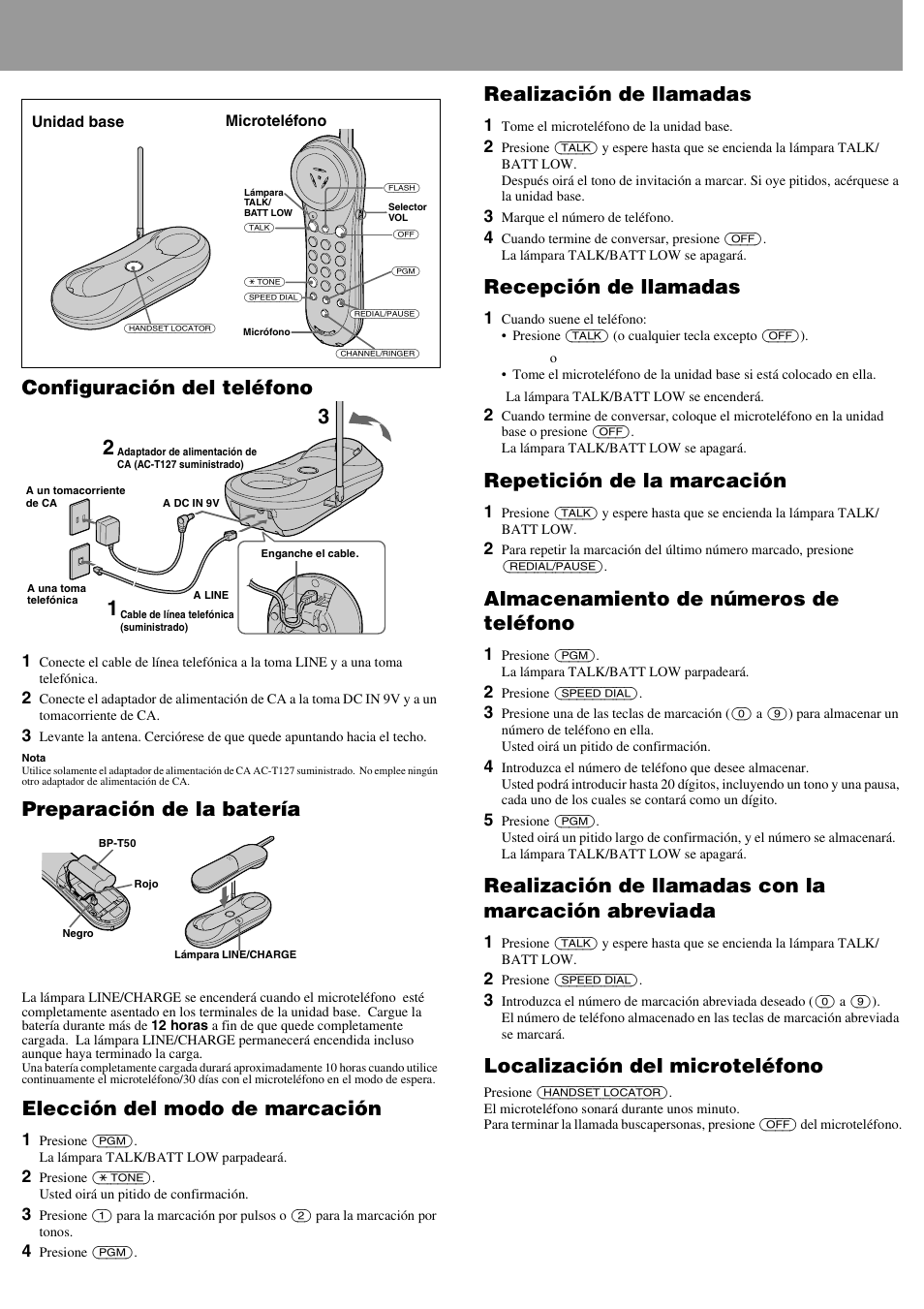 Configuración del teléfono, Preparación de la batería, Elección del modo de marcación | Realización de llamadas, Recepción de llamadas, Repetición de la marcación, Almacenamiento de números de teléfono, Realización de llamadas con la marcación abreviada, Localización del microteléfono | Sony SPP-N1004 User Manual | Page 6 / 6