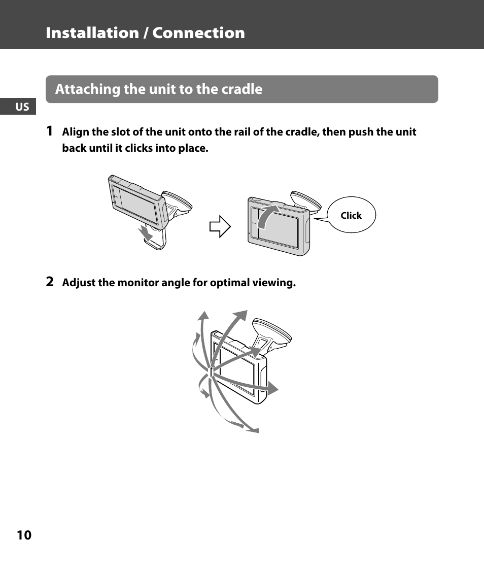Installation / connection, Attaching the unit to the cradle 1 | Sony 4-000-805-11 User Manual | Page 10 / 88