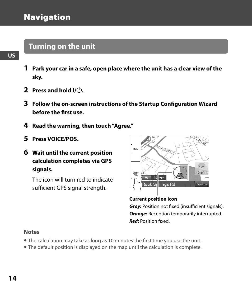Navigation, Turning on the unit 1 | Sony 4-000-805-11 User Manual | Page 14 / 88