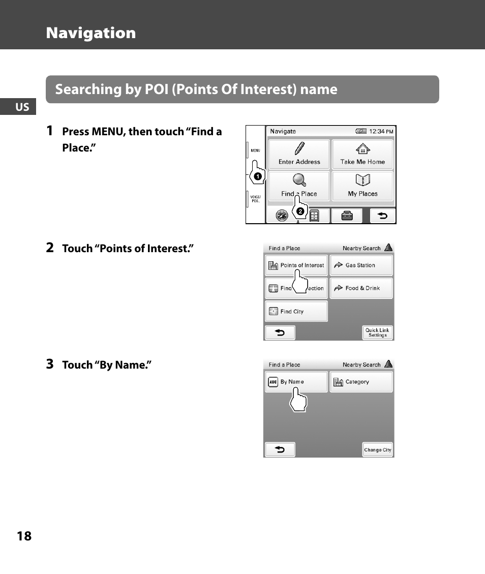 Navigation, Searching by poi (points of interest) name 1 | Sony 4-000-805-11 User Manual | Page 18 / 88