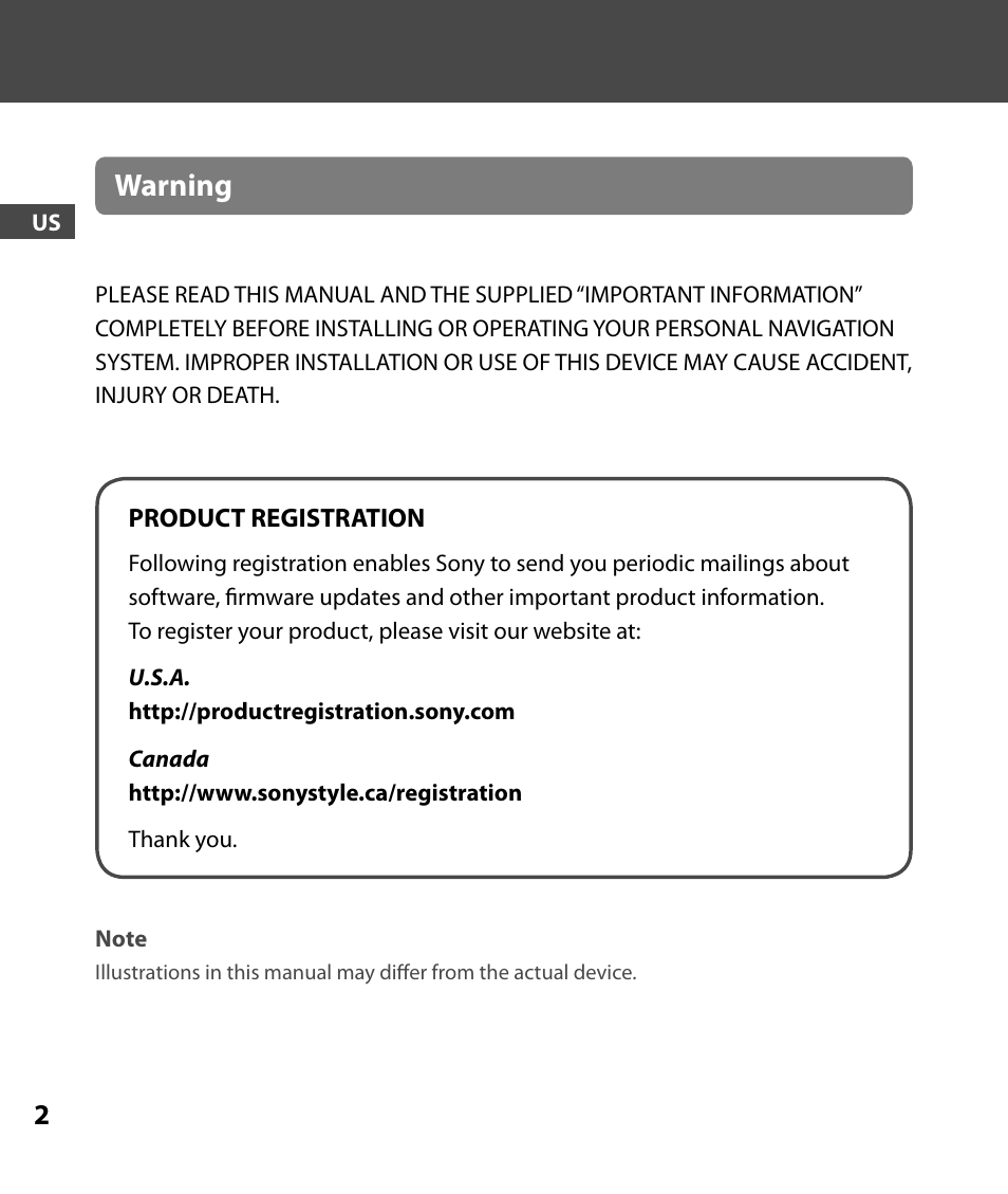 Warning | Sony 4-000-805-11 User Manual | Page 2 / 88