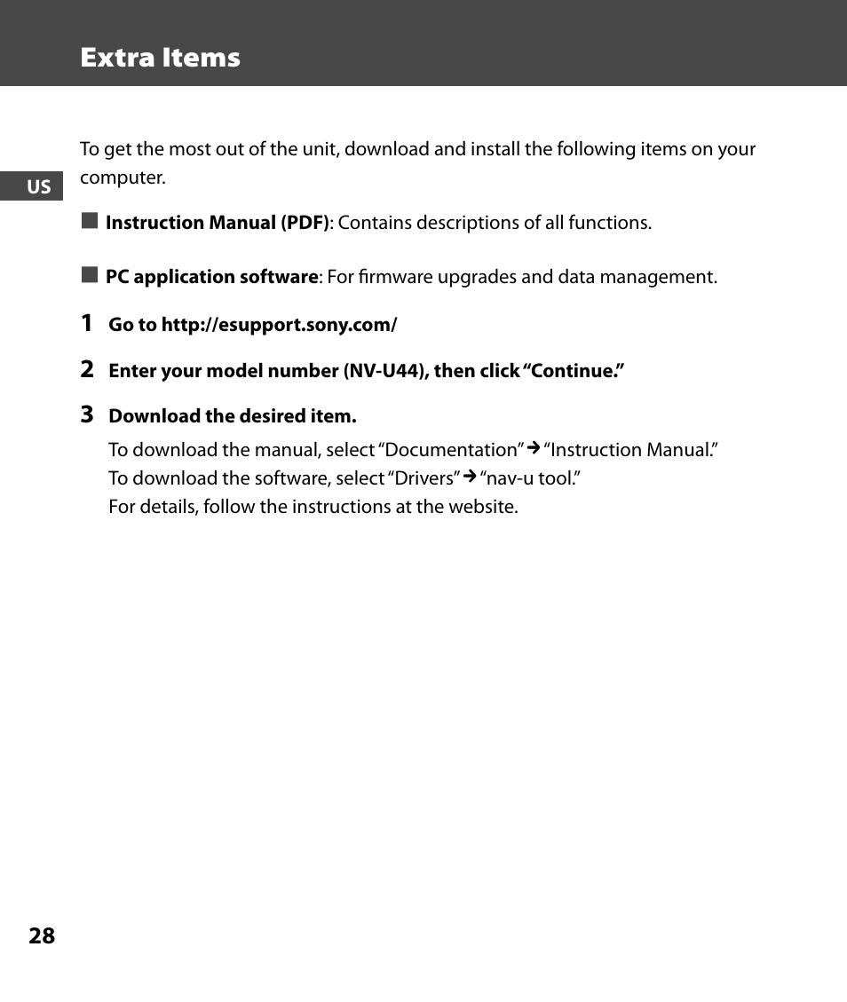 Extra items | Sony 4-000-805-11 User Manual | Page 28 / 88