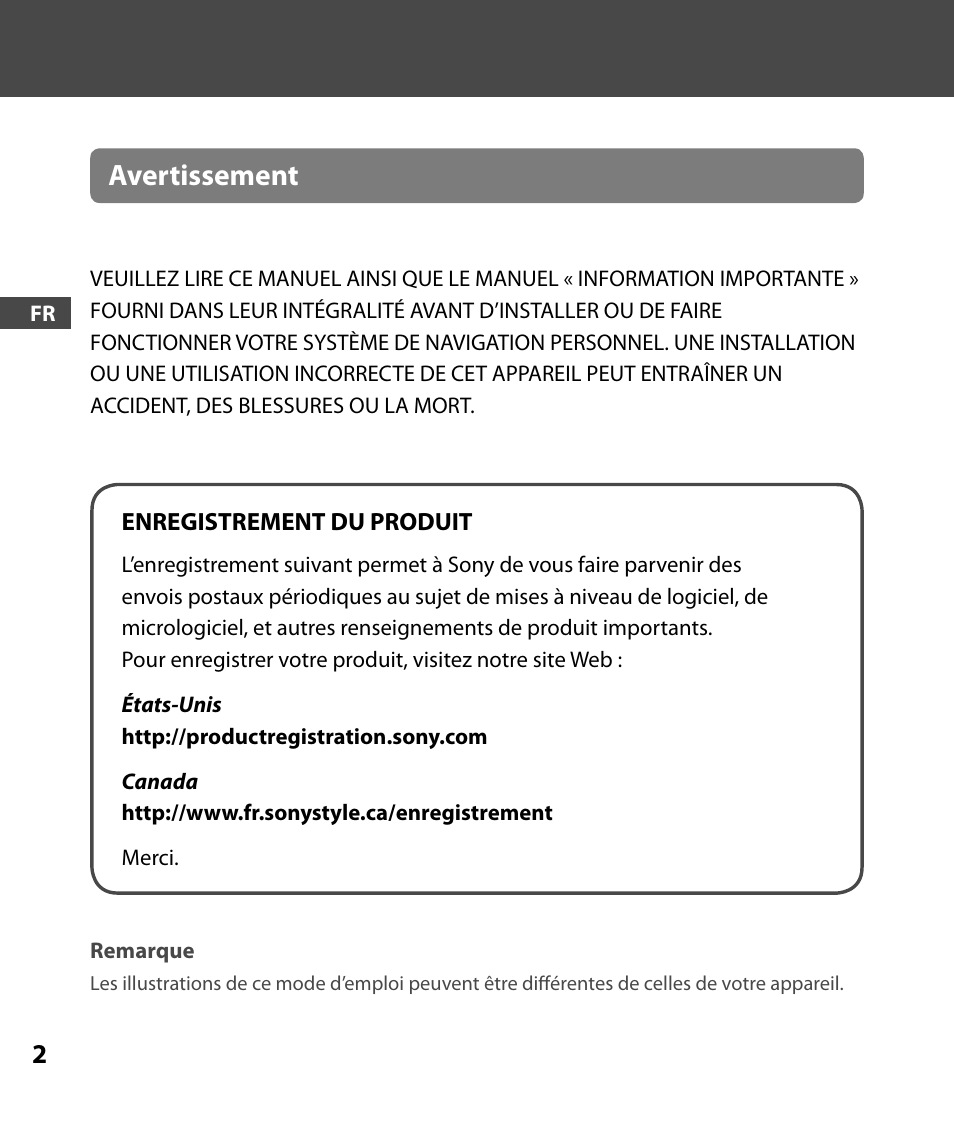 Avertissement | Sony 4-000-805-11 User Manual | Page 30 / 88