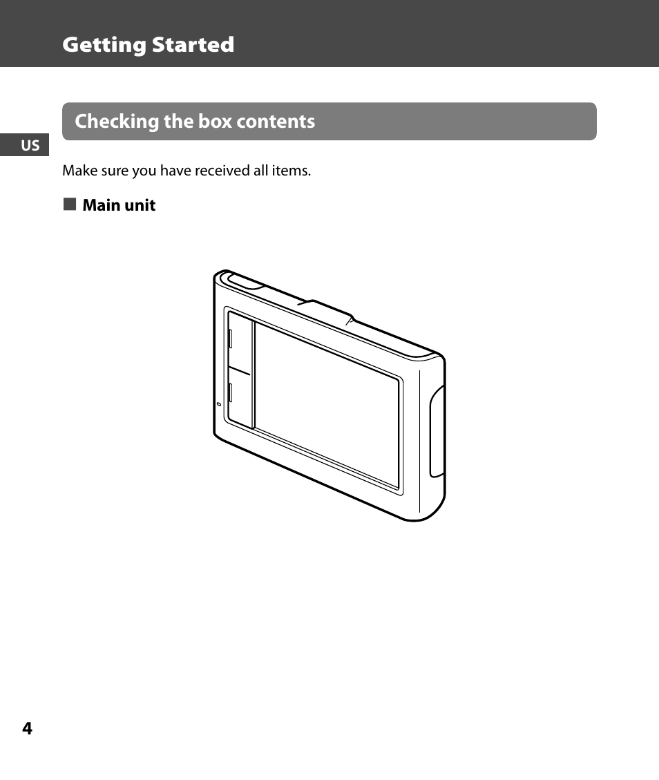 Getting started, Checking the box contents | Sony 4-000-805-11 User Manual | Page 4 / 88