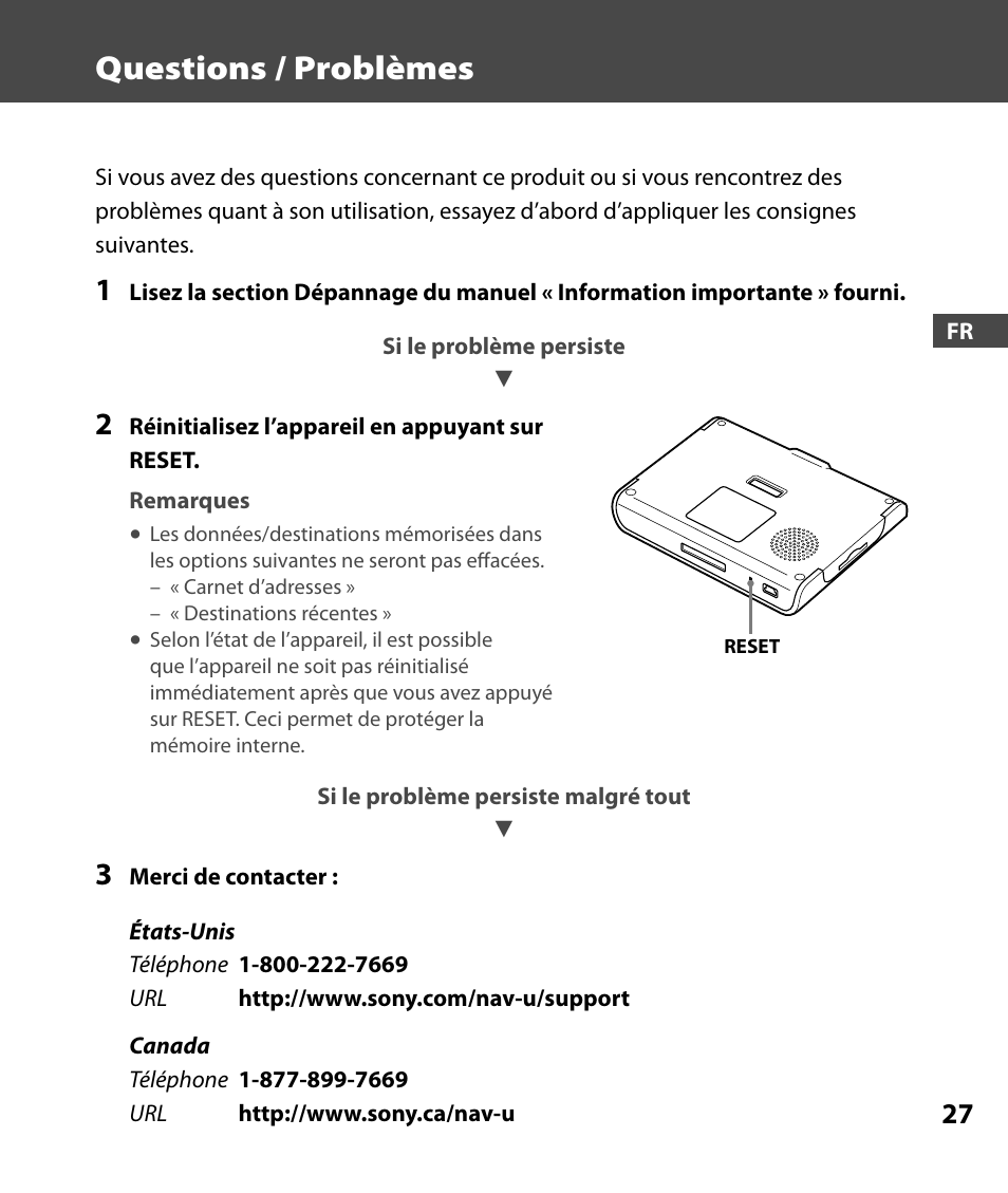 Questions / problèmes | Sony 4-000-805-11 User Manual | Page 55 / 88