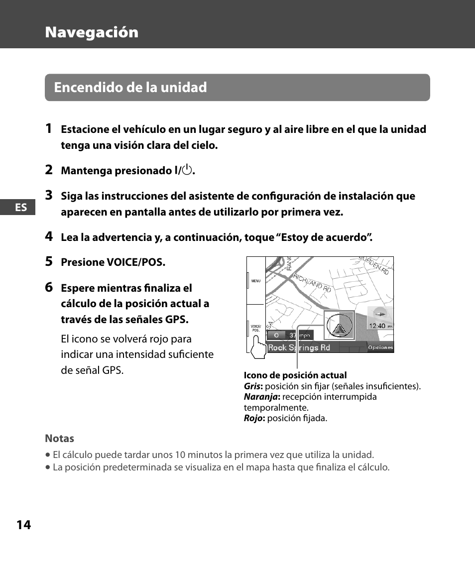 Navegación, Encendido de la unidad 1 | Sony 4-000-805-11 User Manual | Page 70 / 88