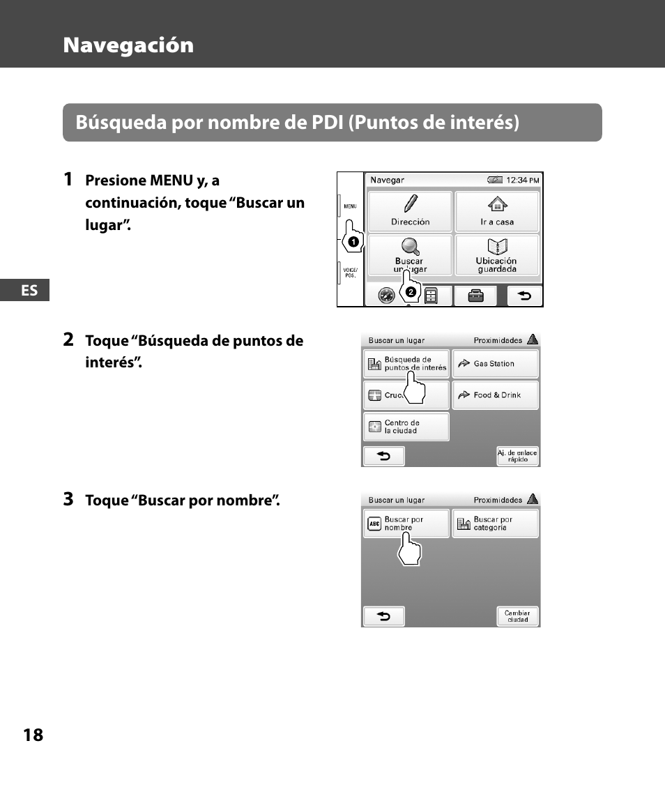 Navegación, Búsqueda por nombre de pdi (puntos de interés) 1 | Sony 4-000-805-11 User Manual | Page 74 / 88