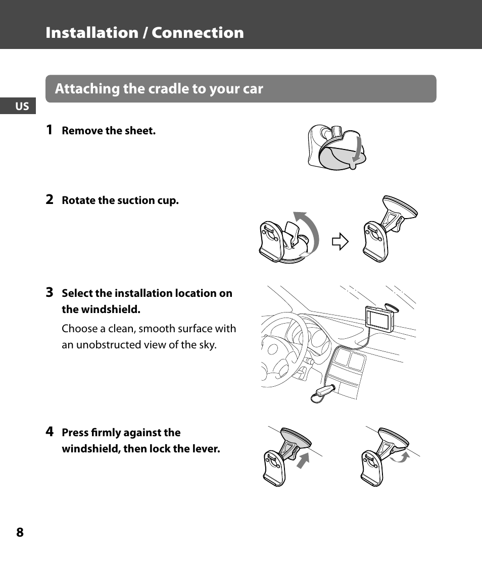 Installation / connection, Attaching the cradle to your car 1 | Sony 4-000-805-11 User Manual | Page 8 / 88