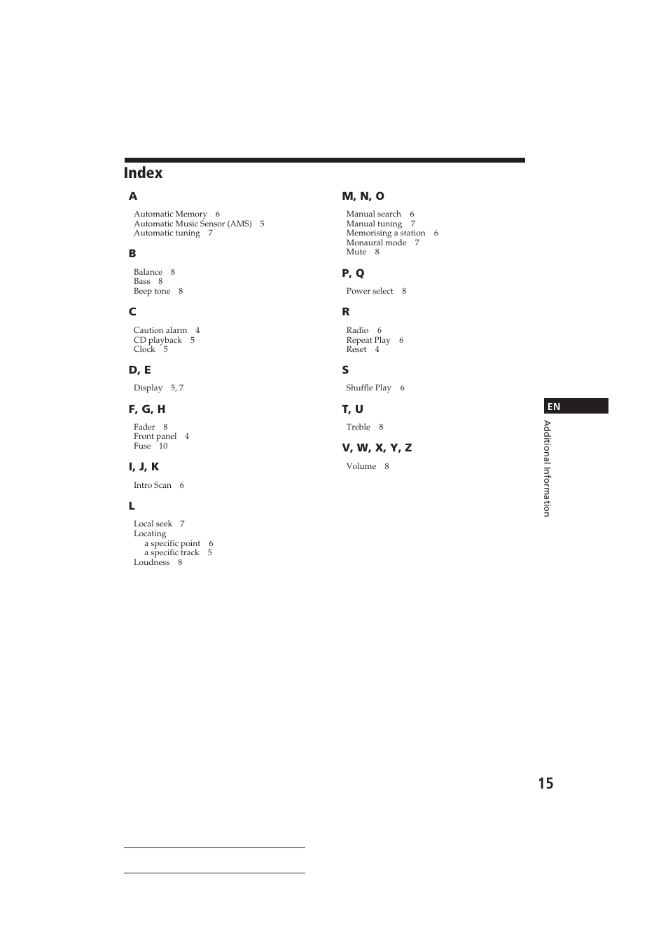 Index | Sony CDX-3150 User Manual | Page 15 / 59