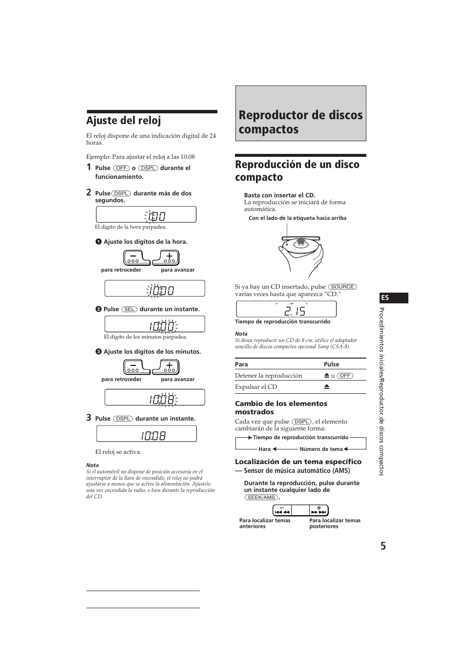 Reproductor de discos compactos, Ajuste del reloj, Reproducción de un disco compacto | Sony CDX-3150 User Manual | Page 19 / 59