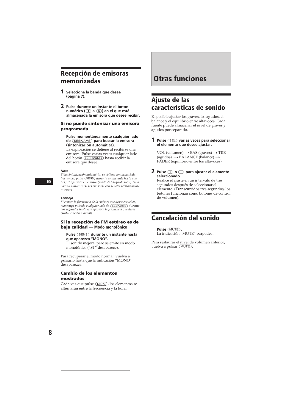 Otras funciones, Ajuste de las características de sonido, Cancelación del sonido | Sony CDX-3150 User Manual | Page 22 / 59