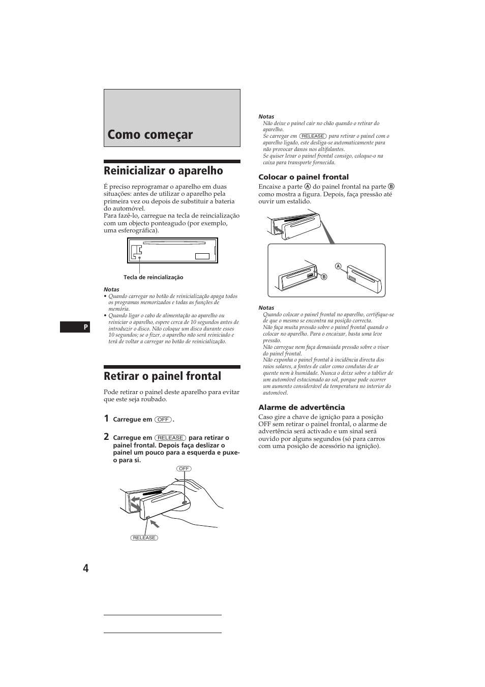 Como começar, Reinicializar o aparelho, Retirar o painel frontal | Sony CDX-3150 User Manual | Page 33 / 59