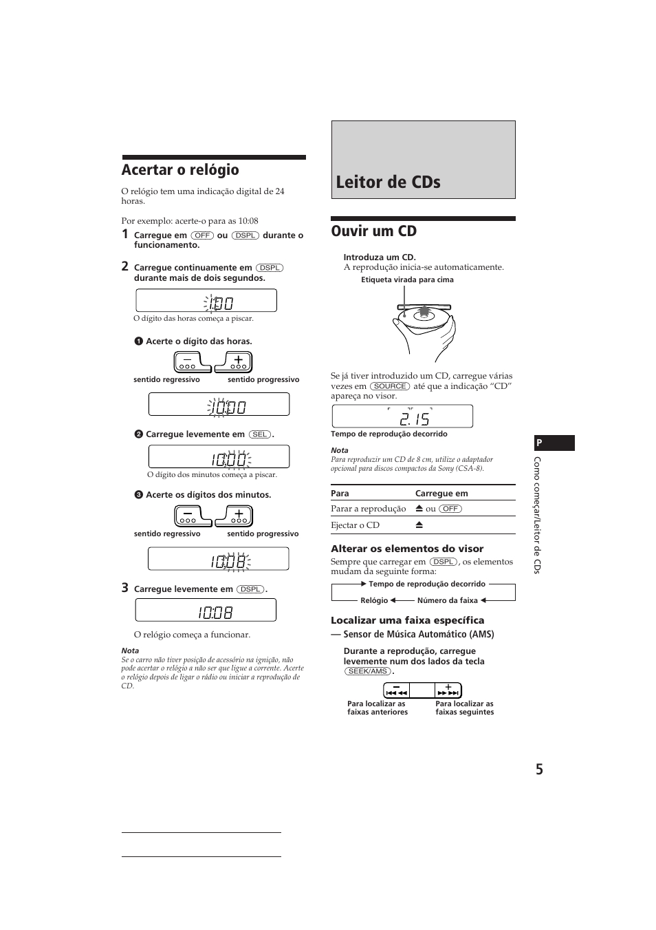 Leitor de cds, Acertar o relógio, Ouvir um cd | Sony CDX-3150 User Manual | Page 34 / 59