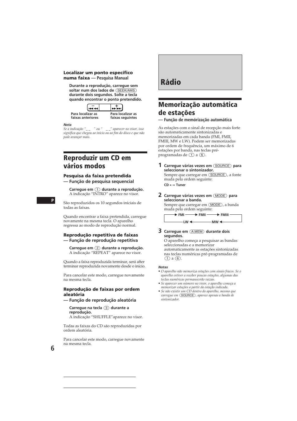 Rádio, Reproduzir um cd em vários modos | Sony CDX-3150 User Manual | Page 35 / 59