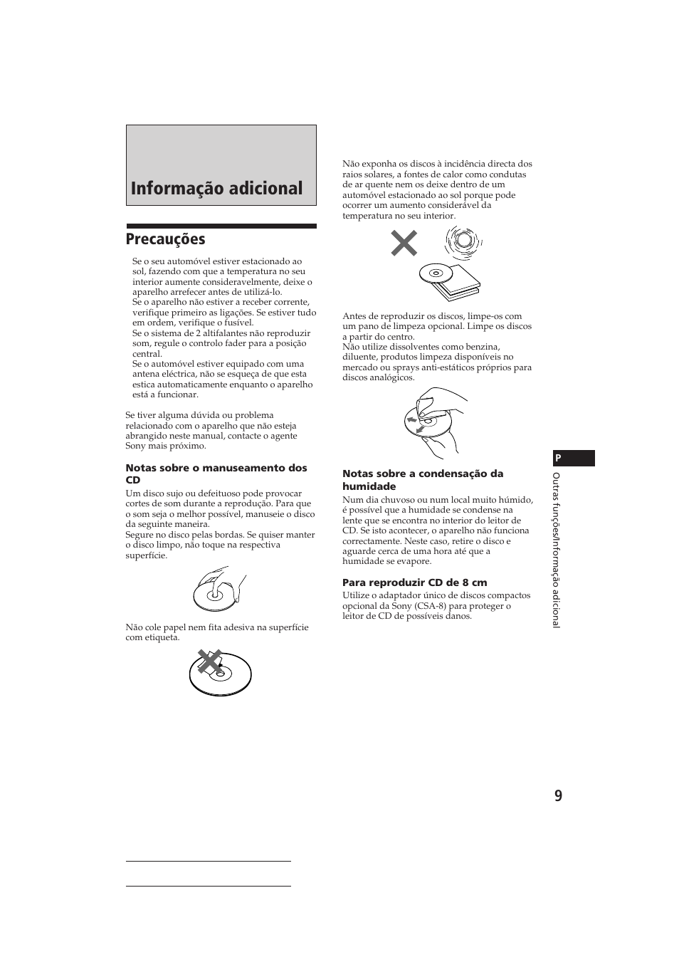 Informação adicional, Precauções | Sony CDX-3150 User Manual | Page 38 / 59