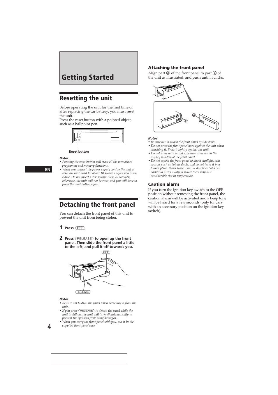 Getting started, Resetting the unit, Detaching the front panel | Sony CDX-3150 User Manual | Page 4 / 59