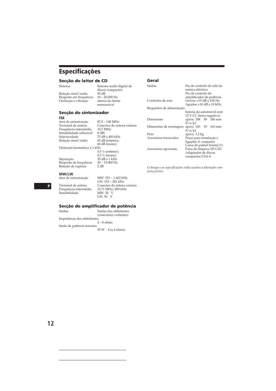 Especificações | Sony CDX-3150 User Manual | Page 41 / 59
