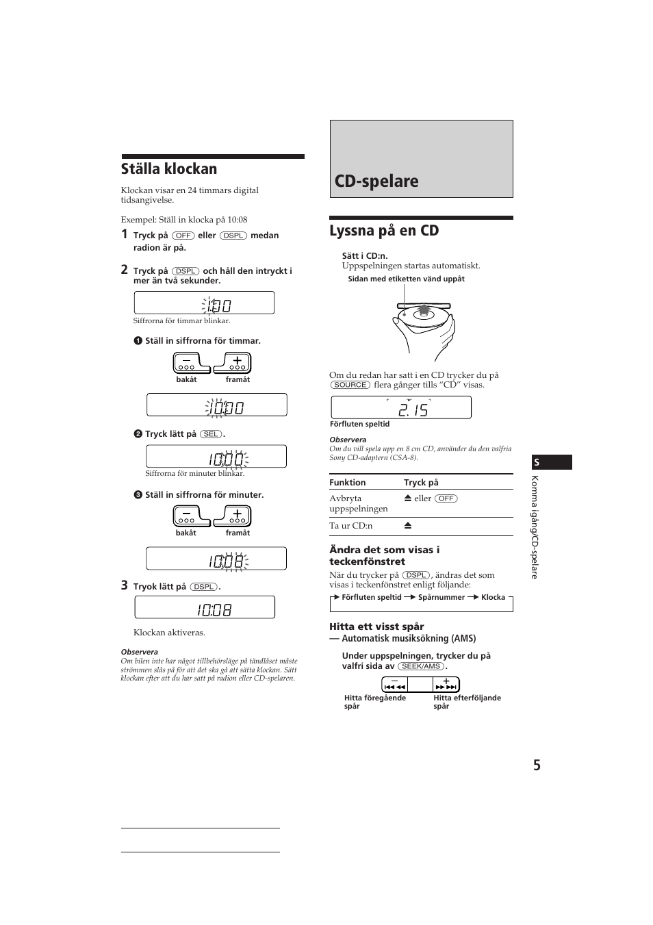 Cd-spelare, 100 ställa klockan, Lyssna på en cd | Sony CDX-3150 User Manual | Page 48 / 59