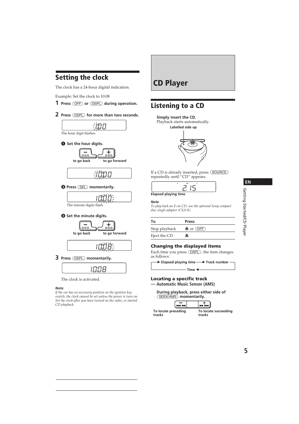 Cd player, Setting the clock, Listening to a cd | Sony CDX-3150 User Manual | Page 5 / 59