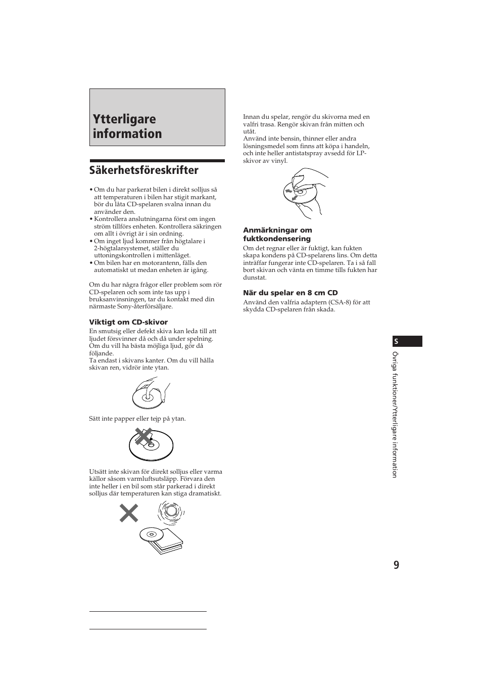 Ytterligare information, Säkerhetsföreskrifter | Sony CDX-3150 User Manual | Page 52 / 59