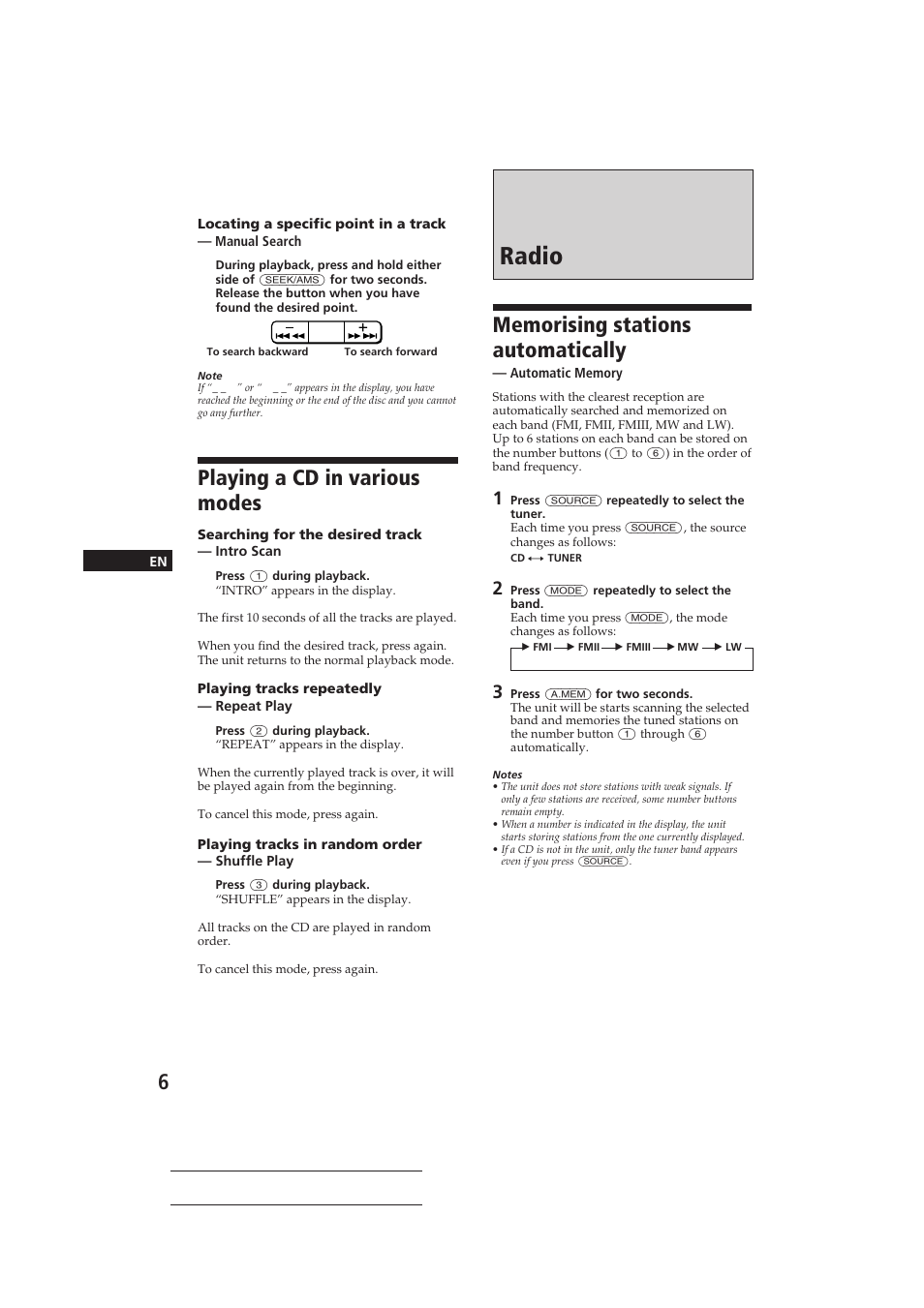 Radio, Playing a cd in various modes | Sony CDX-3150 User Manual | Page 6 / 59