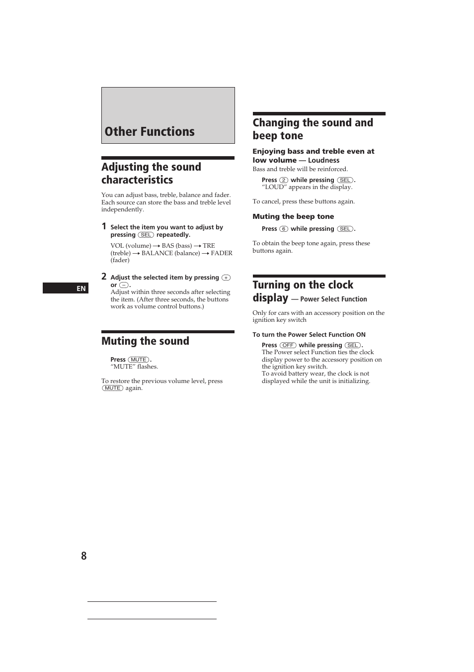 Other functions, Adjusting the sound characteristics, Muting the sound | Changing the sound and beep tone, Turning on the clock display | Sony CDX-3150 User Manual | Page 8 / 59