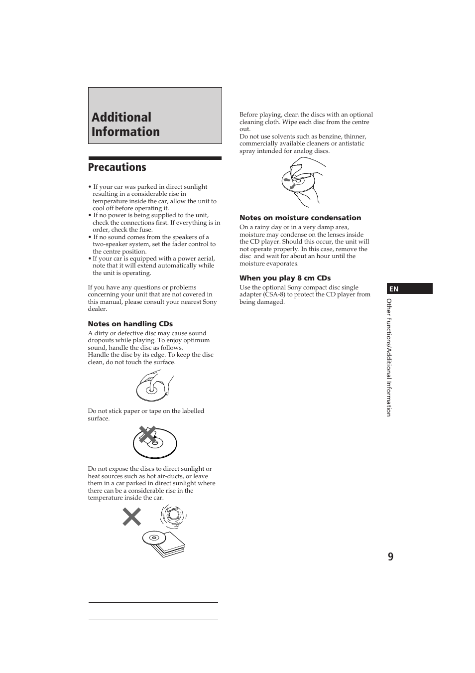Additional information, Precautions | Sony CDX-3150 User Manual | Page 9 / 59