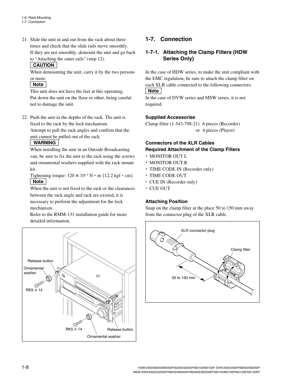 7. connection, 7-1. attaching the clamp filters (hdw series only) | Sony HDW-2000 User Manual | Page 14 / 48