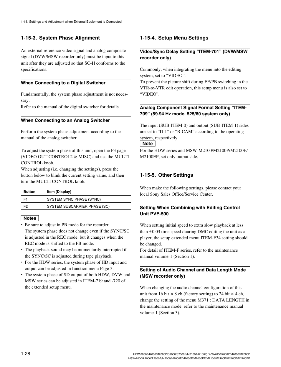 15-3. system phase alignment, 15-4. setup menu settings, 15-5. other settings | Sony HDW-2000 User Manual | Page 34 / 48