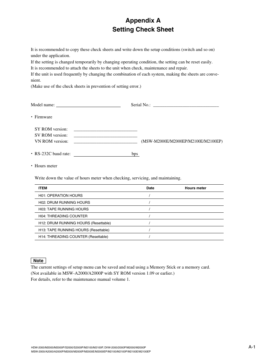 Appendix a setting check sheet | Sony HDW-2000 User Manual | Page 39 / 48