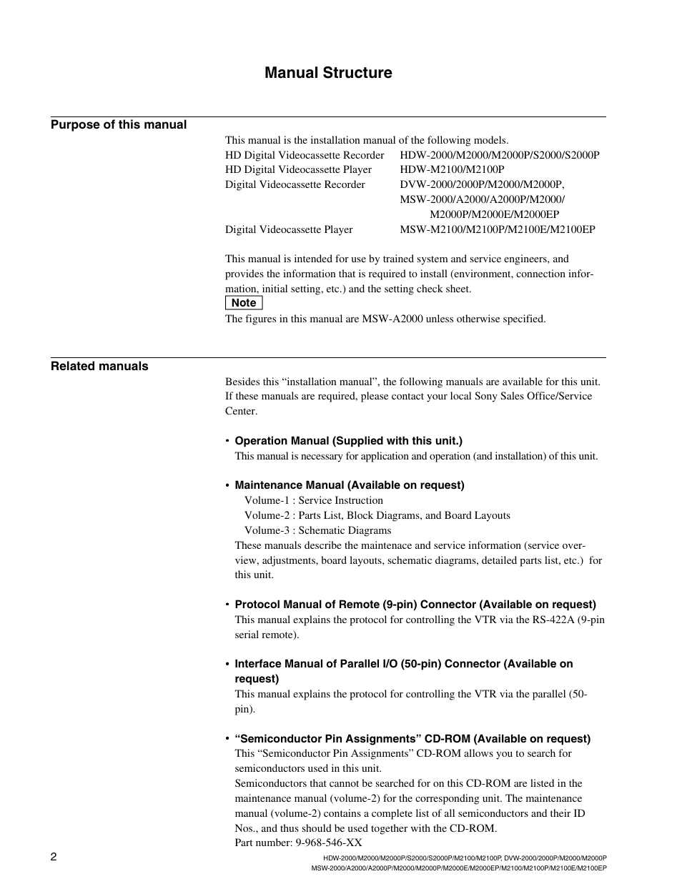 Manual structure, Purpose of this manual, Related manuals | Sony HDW-2000 User Manual | Page 6 / 48