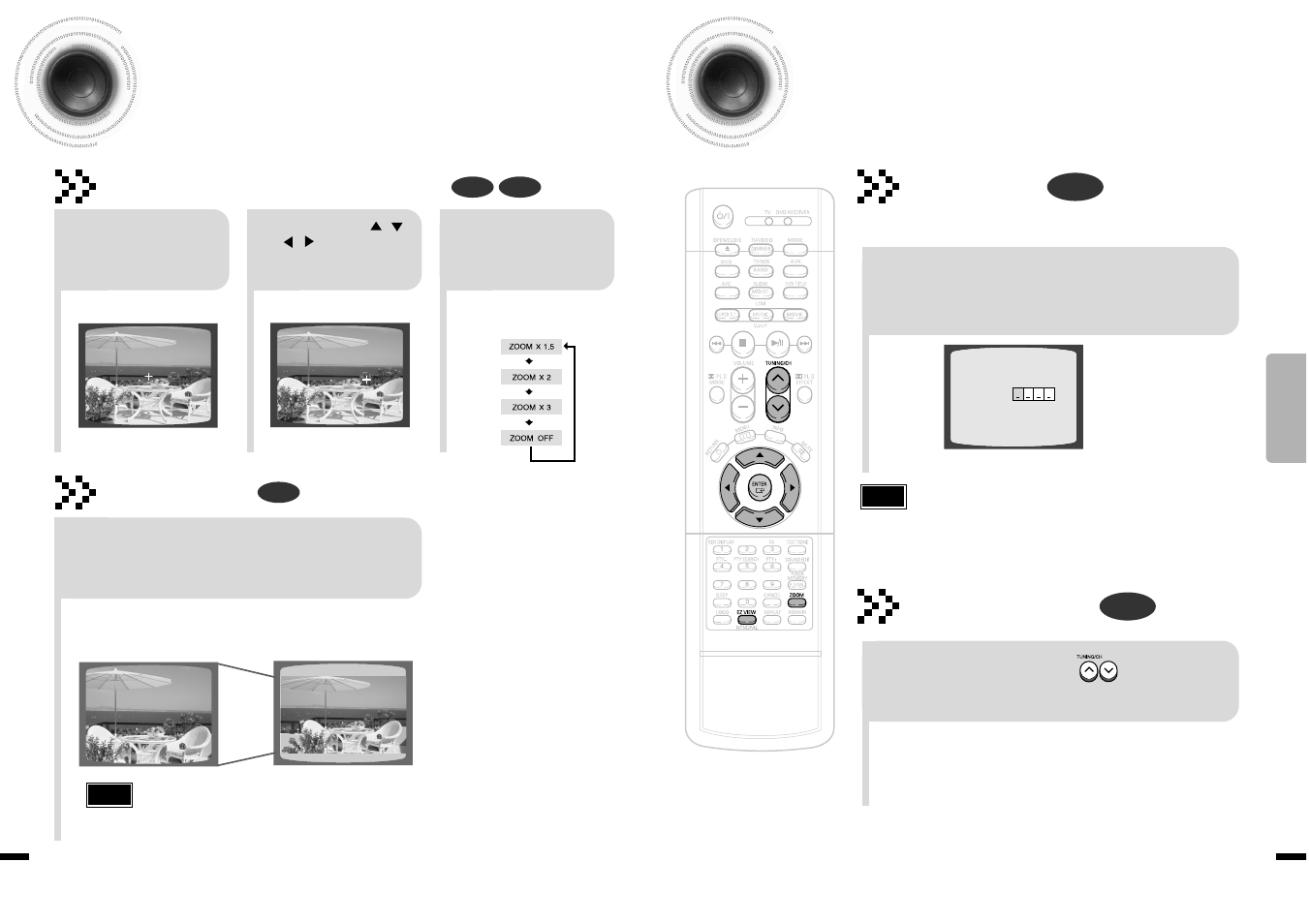 Zoom function, 34 zoom function, Bonus group / navigating pages | Zoom (screen enlarge) function, Aspect ratio, Bonus group, Navigating pages | Samsung HT-DS1870 User Manual | Page 18 / 40