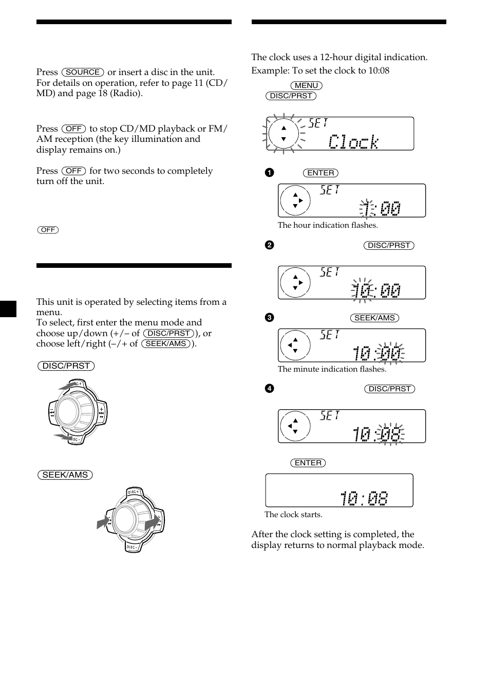 10 turning the unit on/off, How to use the menu, Setting the clock | Sony MDX-C8500X User Manual | Page 10 / 116