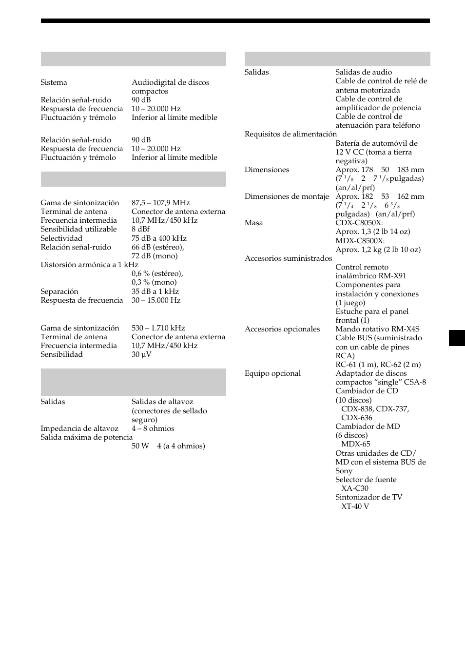 Especificaciones, Sección del reproductor de discos, Sección del sintonizador | Sección del amplificador de potencia, General | Sony MDX-C8500X User Manual | Page 111 / 116